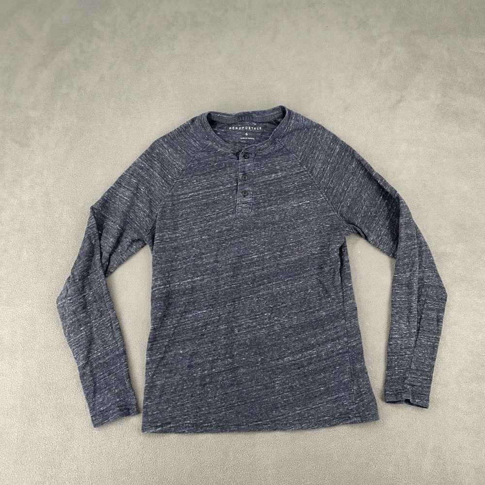 Aeropostale Mens Long Sleeve Henley Shirt Gray Heathered Y2K Raglan Small